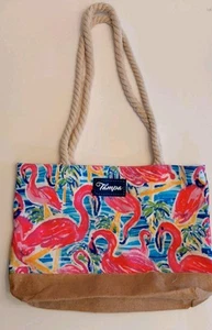 Beach Pool TOTE BAG Flamingo Print Colorful rope long Handles "Tampa" 13"x18" - Picture 1 of 8