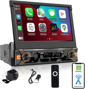 Single Din Car Radio Touchscreen (7" Motorized Flip Out) Compatible with Appl... - Picture 1 of 7