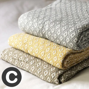 Luxury 100% Cotton Dove Grey, Ochre Yellow, Beige Sofa Bed Throw Blanket Fringed - Picture 1 of 10