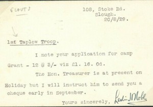 GB SCOUTING Wallis Card *Taplow Troop* PUC 1929 CAMP GRANT {samwells-covers}T174