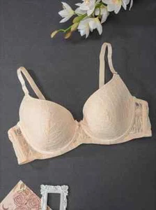Cream Women's Plus Size Bra, Bow Decor Floral Lace Underwire Bra 110C (26C) - Picture 1 of 5