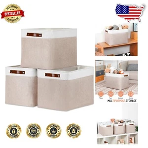 Large White & Khaki Fabric Baskets - 3 Count Storage Solution for Toys & More - Picture 1 of 9