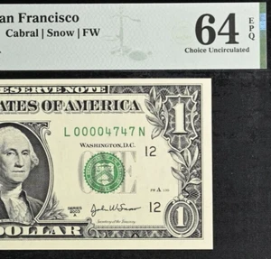 2003A $1 Federal Reserve Note PMG 64EPQ birthday repeater serial number 4747 - Picture 1 of 3