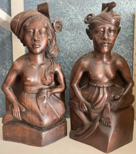 Wood Sculpture Bookends Set Balinese Prince & Princess Couple Carved - Picture 1 of 9