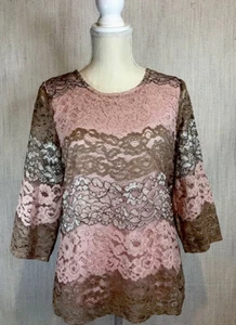 Christopher & Banks S ENCAJE TOP ELÁSTICO Multicolor Mangas 3/4 ADJUNTA TANQUE ROSA - Imagen 1 de 12