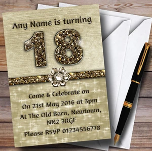 Titanium Gold Sparkly 18Th Personalised Birthday Party Invitations - Picture 1 of 1