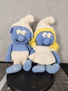 The Smurfs Boy and Girl Hand Knitted Crochet Soft Toy plush Blue & White 14 In. - Picture 1 of 3