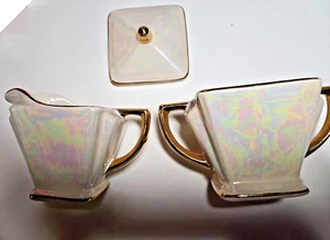 Vintage Sugar with Lid and Creamer Iridescent Pink Pearl- old trim and handles. - Picture 1 of 17