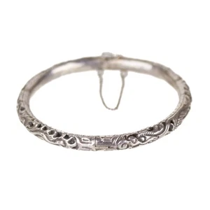 Antique Chinese Export Fine Silver Etched Dragon Hinged Bangle Bracelet - Picture 1 of 7