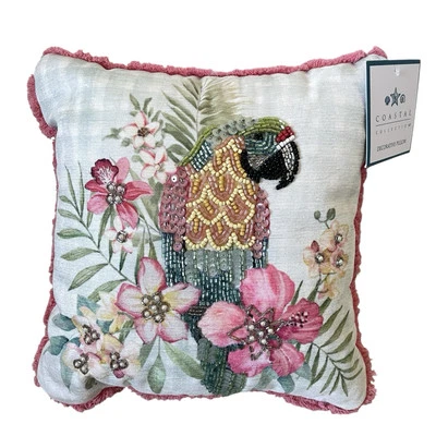 Almohada de acento adornada con loro pájaro tropical 12x12 colorido borde rosa con cuentas Foto 1 de 4