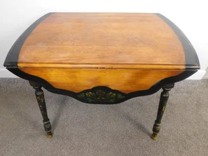 Antique Art Deco Table Maple Butterfly Drop-Leaf Scalloped Stenciled Turned Legs - Picture 1 of 20