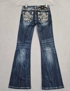 Miss Me Rhinestone Boot Cut Blue Jeans Girls Size 7 Measure 23x26 Dark Wash - Picture 1 of 11