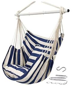 Hammock Chair Hanging Chair Swing Large Indoor 1 Blue and White (With Pillows)