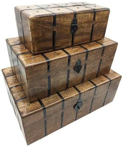 Set of 3 (Small, Medium, and Large) Nesting Wooden Pirate Treasure Chests, Hi... - Picture 1 of 6