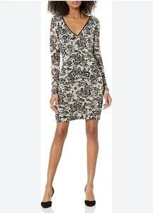 Guess Women’s Bodycon Dress Black Beige/Ruched Long Sleeve Sz 16 - Picture 1 of 19