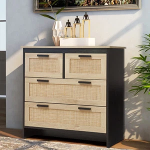 Large 4 Rattan Chest of Drawers Bedside Cabinet Wardrobe Bedroom Storage - Picture 1 of 16