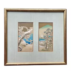 Unique Vintage Japanese Woodblock Painting Set In Gold Frame With Nature Scenes - Picture 1 of 11