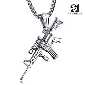Mens Submachine Gun Pendant Necklace Punk Rock Biker Jewelry Box Chain 24" - Picture 1 of 5