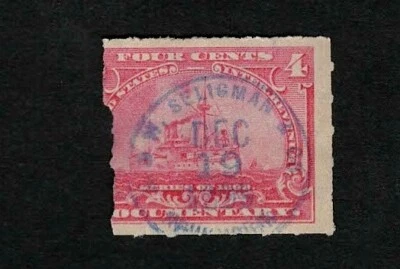 US Revenue 1898 R166 Battleship Documentary Tax Partial Stamp 4c Cut Cancel - Image 1 of 2
