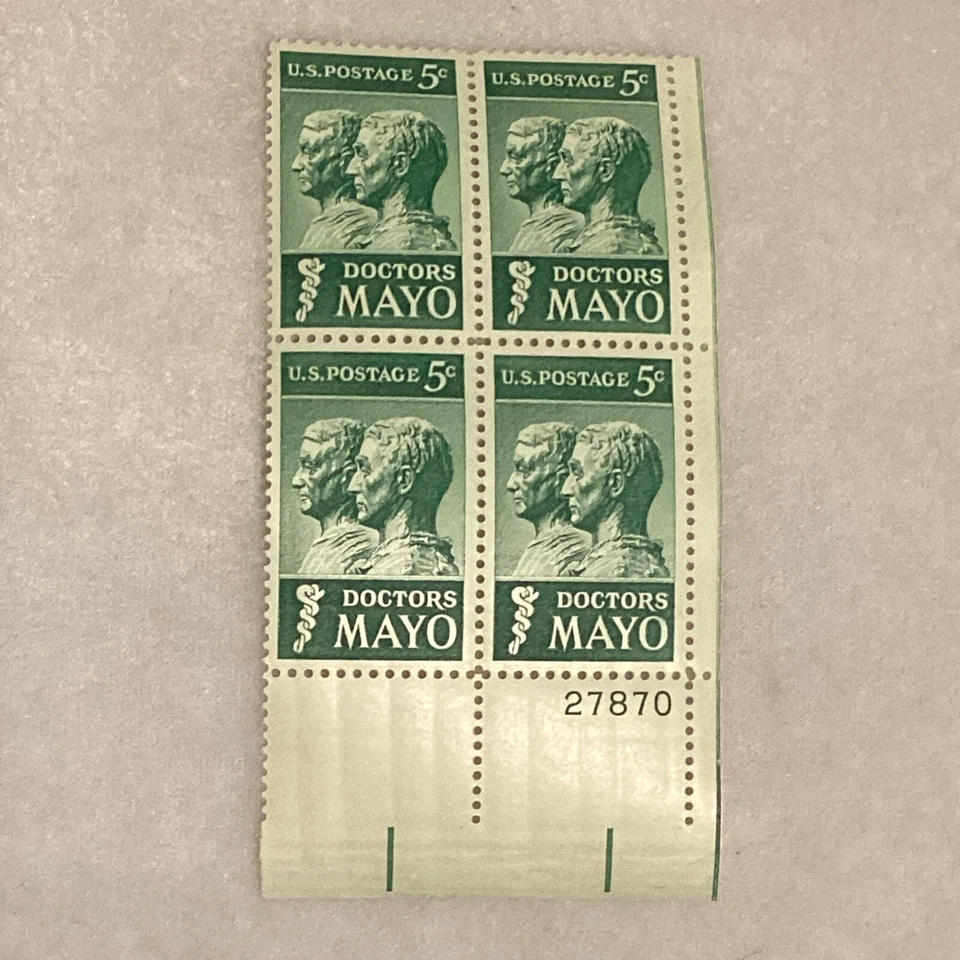 MINT 1964 Doctors Mayo 5 Cent U.S. Postage 4 Stamp Plate Block MNH - Image 1 of 4