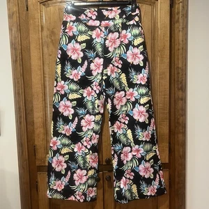 SSLR Women's Hibiscus High Rise Casual Wide Leg Floral Pants Black W29xL30 Hawai - Picture 1 of 13