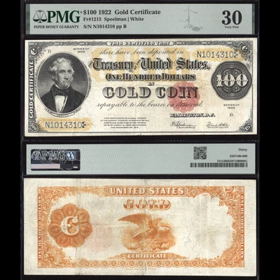 Certificado de oro de $100 de 1922 - Fr. 1215 - PMG 30 Foto 1 de 3