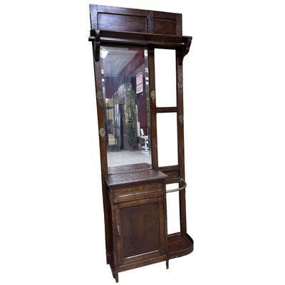 Antique Hall Tree with Mirror Glove Box Coat Hooks Hat Shelf Umbrella Stand - Image 1 of 4