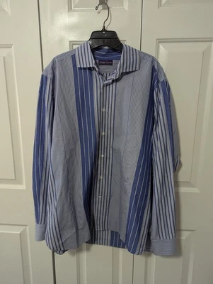 Рубашка мужская Ralph Lauren Purple Label на пуговицах 17,5 синяя белая в полоску Италия - Изображение 1 из 4