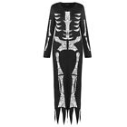 Women Halloween Skeleton Print Long Sleeve Maxi Dress Irregular Hem Cosplay Prop