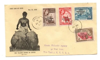 FDC Gold Coast Ghana Overprint Stamps 1958 Cachet Talking Drums Accra Cancel - Image 1 of 2