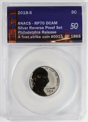 2018-S Reverse Proof Jefferson Nickel ANACS RP70 PF70 DCAM Deep Cameo 5c - Image 1 of 4
