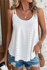 Eyelet Embroidery Sleeveless Spaghetti Strap Tank Tops Scoop Neck Sexy Loose Fit - Picture 1 of 9