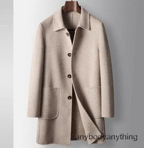 Mens Handmade Lapel Collar Wool Trench Jacket Coat Business Single Breasted Coat - Picture 1 of 23