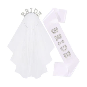 2 Pieces Bridal Hair Set Bride Theme Pearls Rhinestones Headpiece Veil Sash - Picture 1 of 8