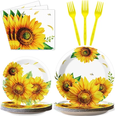 96Pcs Sunflower Party Supplies Tableware Set Paper Plate Napkin Fork 24 Guests - Image 1 of 4