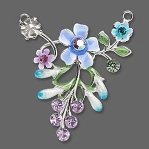 1 Blue Flower Leaves & Im Rhodium 37x41mm Focal Connector with Crystals * - Bild 1 von 1