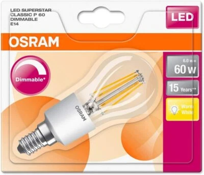 OSRAM LED Superstar Classic P 60 6W dimmbar Warmweiß Filament Klar E14 Tropfen - Bild 1 von 3