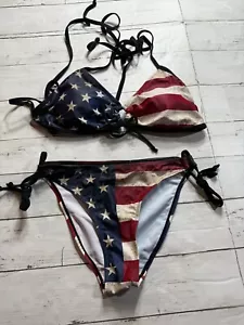 Unbranded American Flag Side Tie Triangle String High Cut Cheeky Bikini Set Sz S - Picture 1 of 6