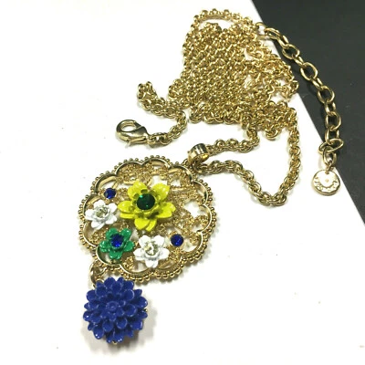 Nuevo TALBOTS Esmalte FLOR Colgante Collar Estrás Azul Marino Amarillo R306k Foto 1 de 4