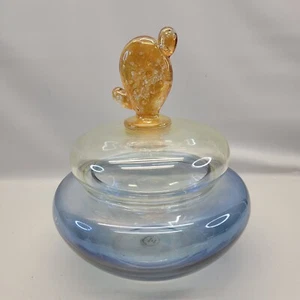 Cristallerie Italy 7.5" Iridescent Blue Glass Jar with Gold Cactus Lid - Picture 1 of 10