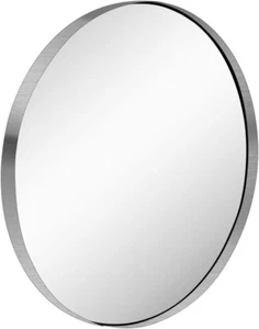 28-Inch Circle Wall Mounted Mirror - Brushed Nickel Silver round Glass Panel, De - Picture 1 of 7