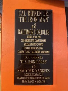 Cal Ripken Jr. ALL TIME CONSEKUTIVE GAMES LEADER graviertes Namensschild mit Statistiken - Bild 1 von 4