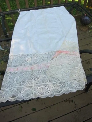 Antique Victorian Petticoat/slip White Linen Gorgeous Lace Pink Ribbon  Sz M/L - Image 1 of 4