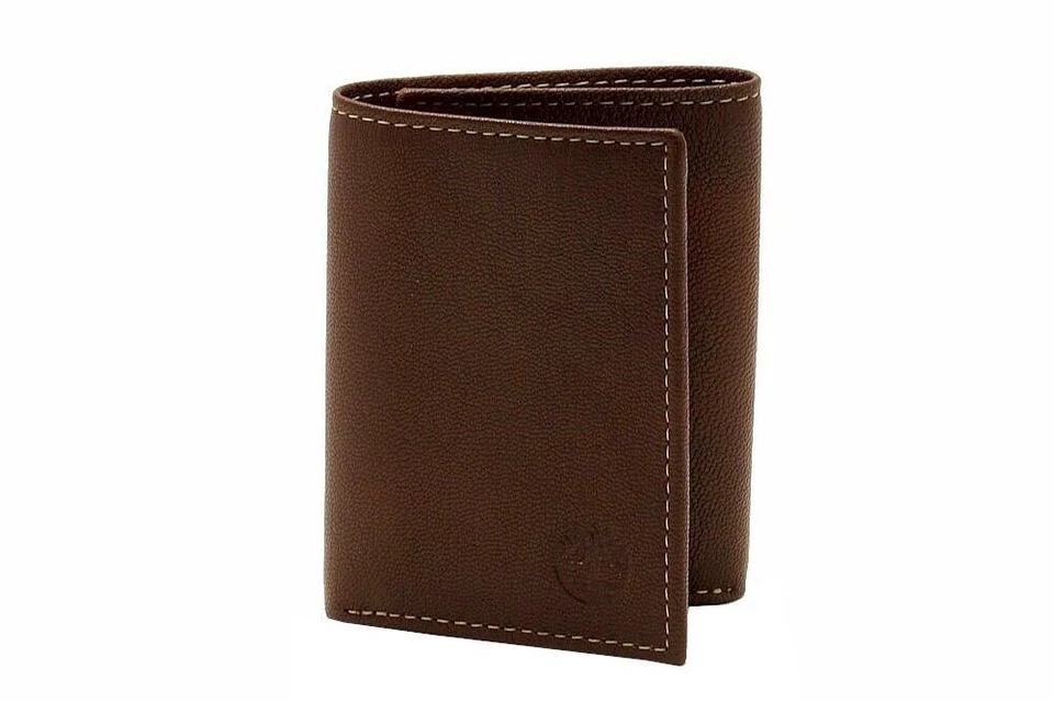 Timberland Slim Trifold 100 Genuine Leather Wallet Brown W/ White Stitching