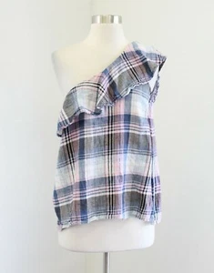 Cloth and Stone One Shoulder Ruffle Plaid Top Blouse Size M Pink Blue Linen - Picture 1 of 6