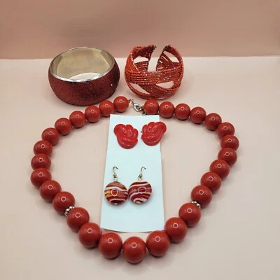 Cherry Red Vintage 5 Piece Jewelry Necklace Bracelet Earrings Set READ - Image 1 of 4