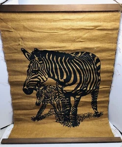 Vintage 1977 Siri Productions Zebra Safari Print on Burlap Wall Hanging MCM - Picture 1 of 8