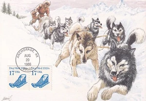 USA 1986 FIRST DAY COVER ON MAXI CARD, TRANSPORTATION, DOG SLED - Picture 1 of 2