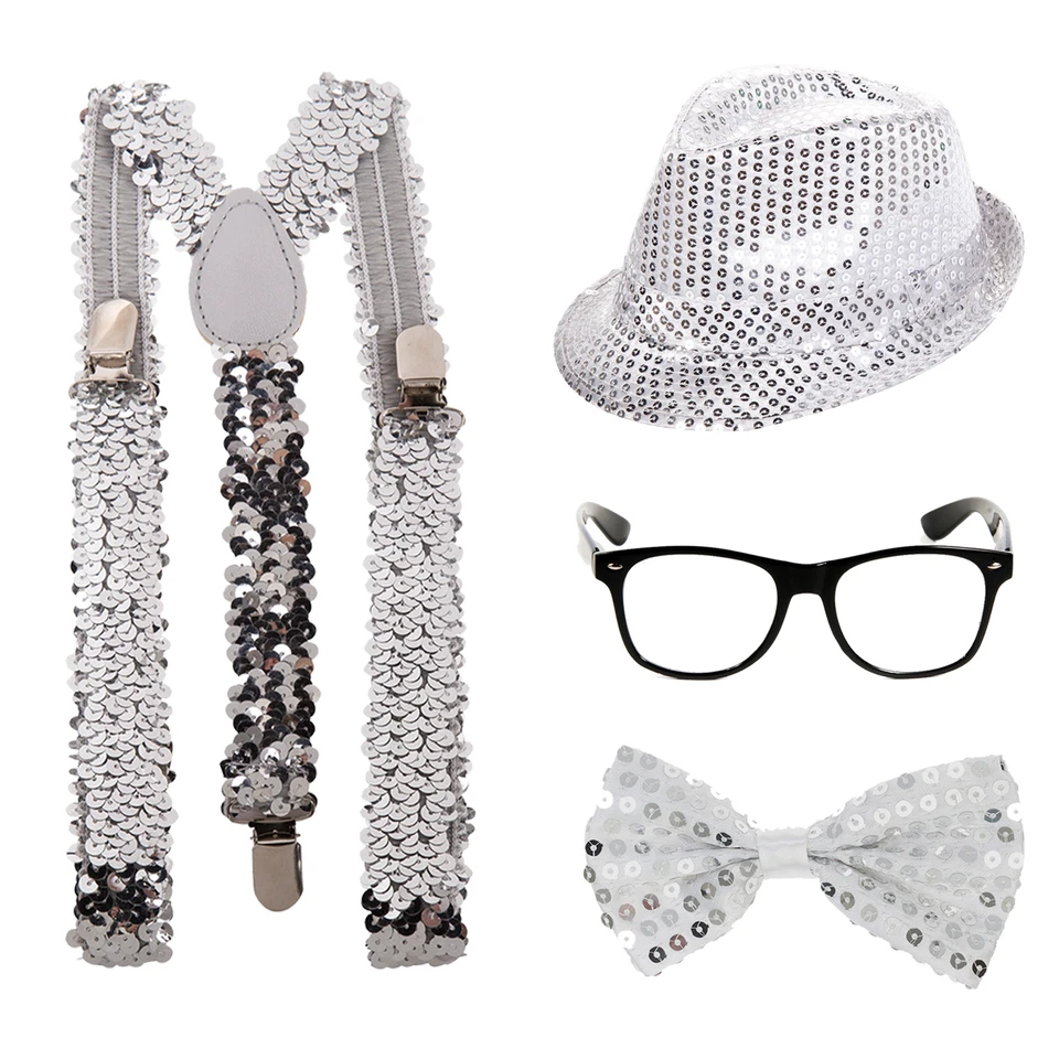 Sequin Sparkle Geek Fancy Dress Kit - Glasses + Hat + Bowtie + Braces - Silver - Image 1 of 1