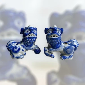 Vintage Mid Century 1960s Foo Dogs Pair Blue & White - Picture 1 of 16